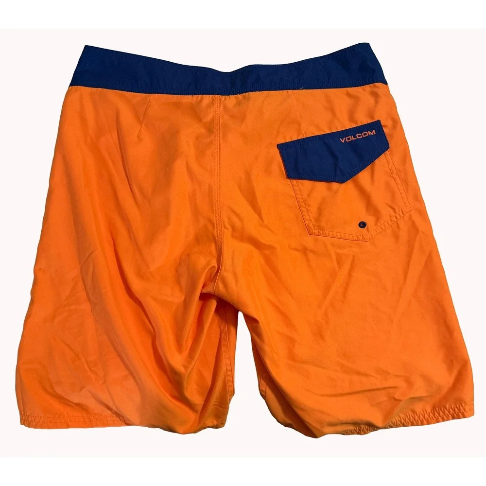 Volcom Board Shorts Mens 32 Orange Navy Blue Cinch Fly Swim Trunks A0811329